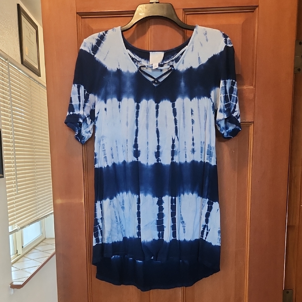 Sunday Navy and White Tie-Dye Short Sleeve Loosefit Stylish Top